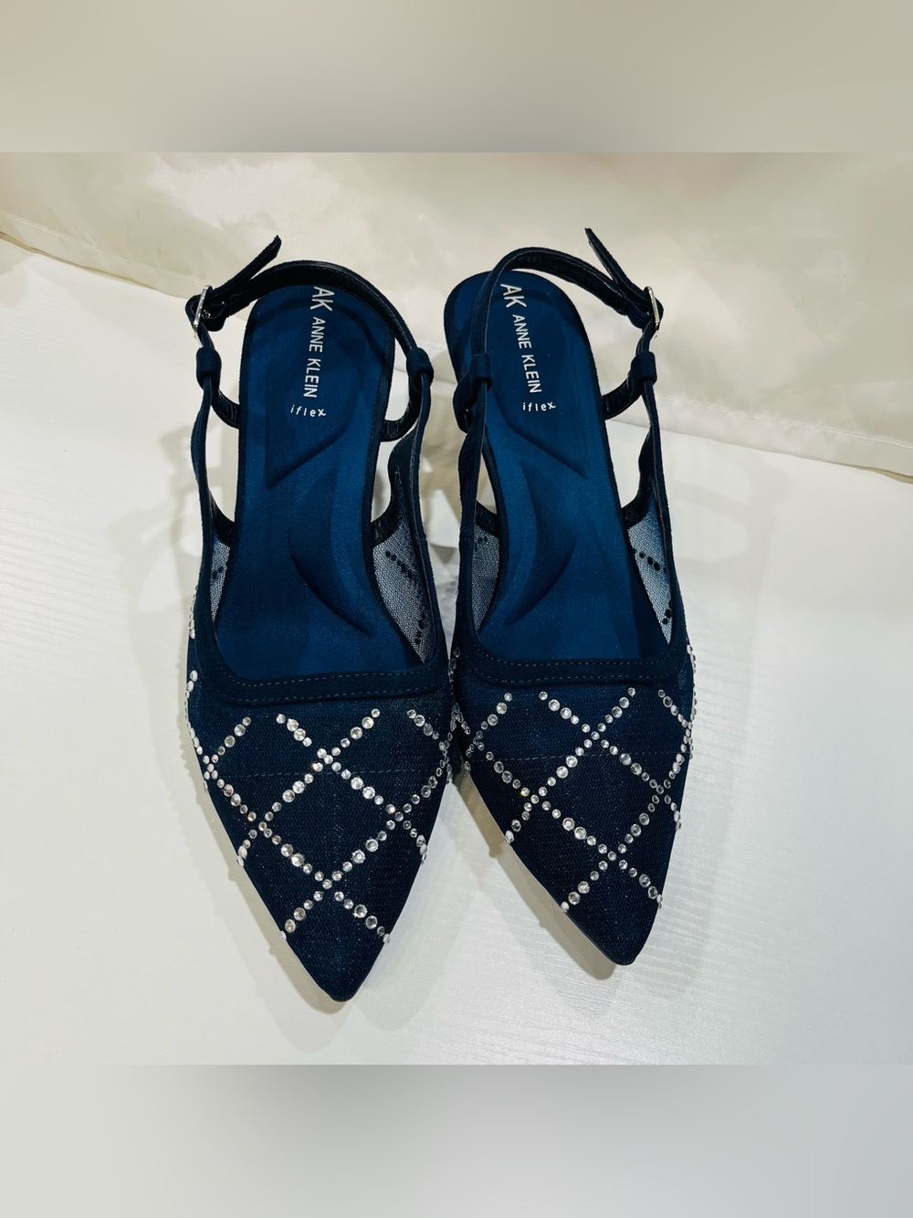 Anne Klein Navy Pointed Slingback Flats with Crystal Lattice
